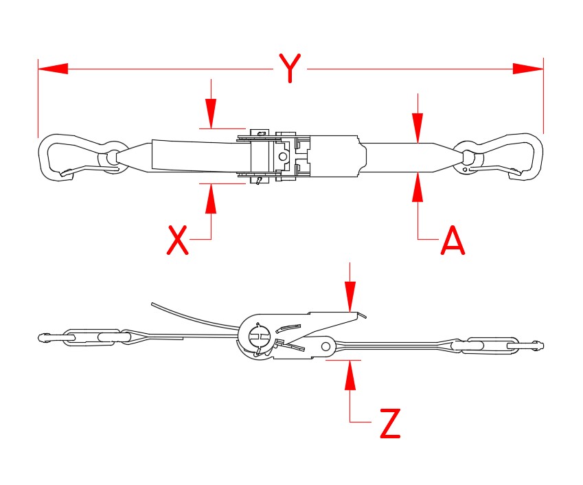 Ratchet Assembly with Clips, stainless steel harness clips, nylon webbing, 1